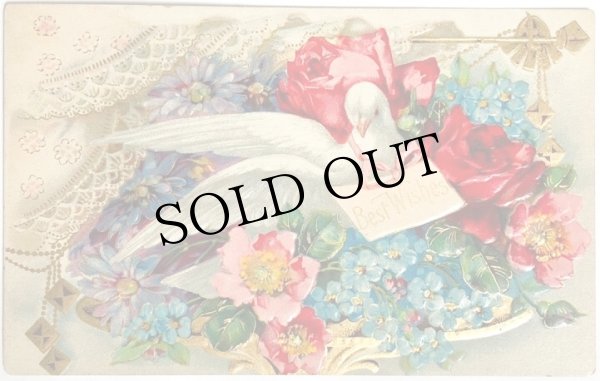 画像1: Postcard  　アンティークポストカード　伝書鳩とお花　薔薇　忘れな草　（未使用） (1)