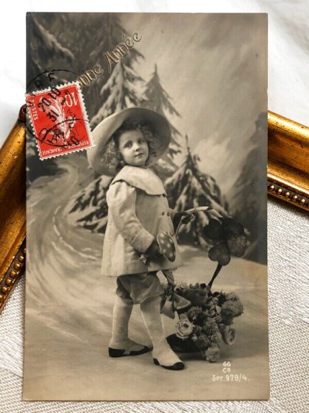 画像2: Postcard アンティークポストカード 新年祝い New Year キノコと子ども 四つ葉クローバー 写真 フランス (2)