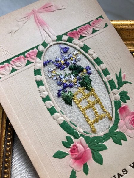 画像3: Postcard  アンティークポストカード クレマチスのお花 薔薇 刺繍 (未使用) (3)