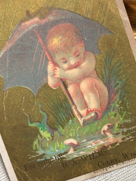 画像3: Vintage Trade card  アンティークトレードカード　雨の日の傘と子ども　キノコとカエル (3)