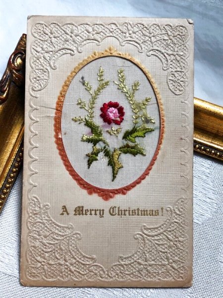 画像2: Postcard 　アンティークポストカード　クリスマス　ホーリーと赤いお花　刺繍 (2)