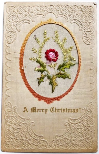 画像1: Postcard 　アンティークポストカード　クリスマス　ホーリーと赤いお花　刺繍 (1)