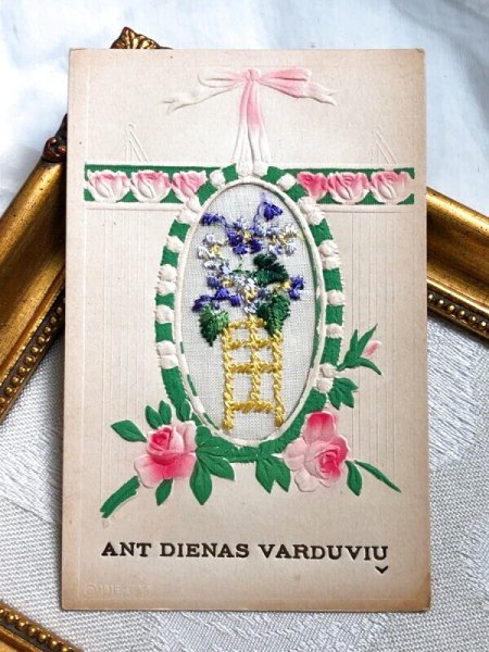 画像2: Postcard  アンティークポストカード クレマチスのお花 薔薇 刺繍 (未使用) (2)