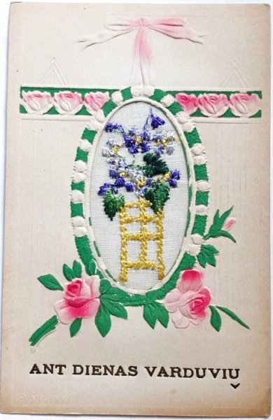 画像1: Postcard 　アンティークポストカード　クレマチスのお花　薔薇　刺繍　（未使用） (1)