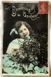 画像1: Postcard　アンティークポストカード　ヤドリギと女の子　フランス1908年 (1)