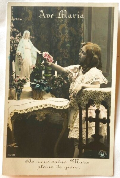 画像1: Postcard　アンティークポストカード　マリア像と女の子　Ave Maria フランス (1)