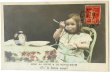 画像1: Postcard　アンティークポストカード　スープを飲む女の子　目覚まし時計　フランス1908年 (1)