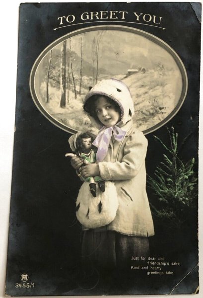 画像1: Postcard　アンティークポストカード　お人形さんと女の子　1912年 (1)