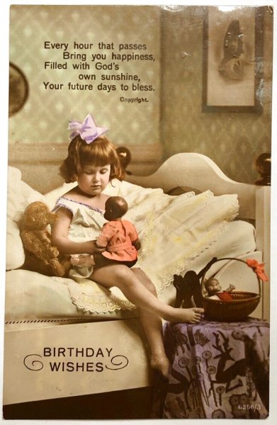 画像1: Postcard　アンティークポストカード　お人形とぬいぐるみと女の子　シュタイフ　テディベア　黒猫 (1)