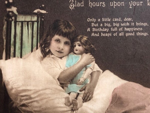 画像3: Postcard アンティークポストカード お人形さんと女の子 ベッド イギリス (3)