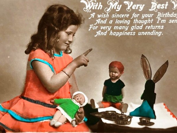 画像3: Postcard アンティークポストカード お人形さんと女の子 ぬいぐるみ おままごと イギリス1933年 (3)