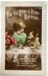 画像1: Postcard　アンティークポストカード　フレンチブルドッグのぬいぐるみと女の子　ティータイムお茶会　シュタイフ　ブリー (1)