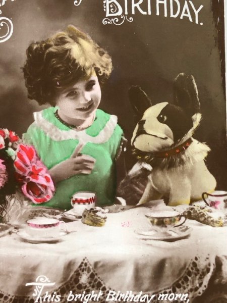 画像3: Postcard　アンティークポストカード　フレンチブルドッグのぬいぐるみと女の子　ティータイムお茶会　シュタイフ　ブリー (3)