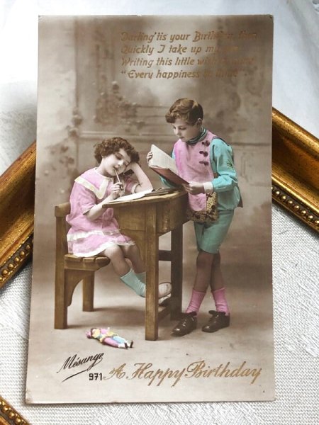 画像2: Postcard　アンティークポストカード　お勉強をする子ども達　人形　写真　（未使用） (2)