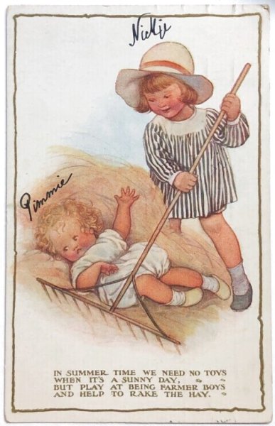 画像1: Postcard　アンティークポストカード　干し草で遊ぶ子ども達　1923年　Susan B Pearse (1)