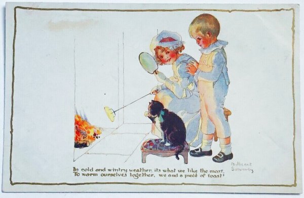画像1: Postcard　アンティークポストカード　暖炉の前の子ども達と猫　Millicent Sowerby　 (1)