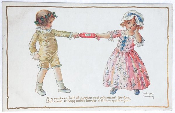 画像1: Postcard　アンティークポストカード　クラッカーと子ども達　Millicent Sowerby　（未使用） (1)