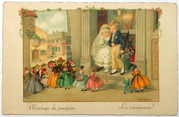 画像1: Postcard　アンティークポストカード　2人の結婚式　ドールズウェディング　お人形　Pauli Ebner (1)