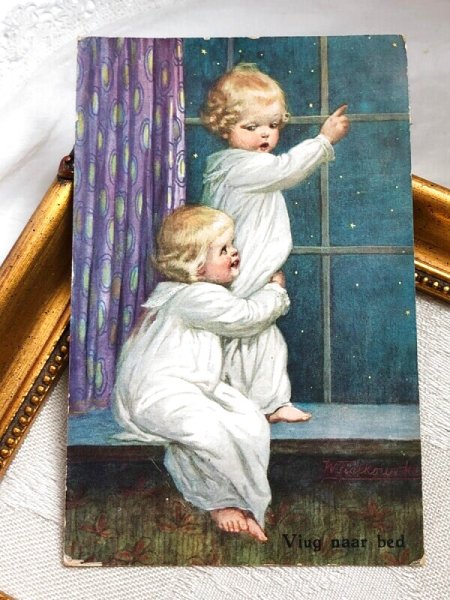 画像2: Postcard　アンティークポストカード　夜空を見ている子ども達　Wally Fialkowska　1936年 (2)