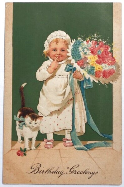 画像1: Postcard　アンティークポストカード　花束を持つ女の子と猫　Marie Flatscher (1)