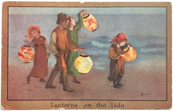 画像1: Postcard　アンティークポストカード　海岸でランタンを持ち歩く子どもたち　  Sybil Barham　（未使用） (1)
