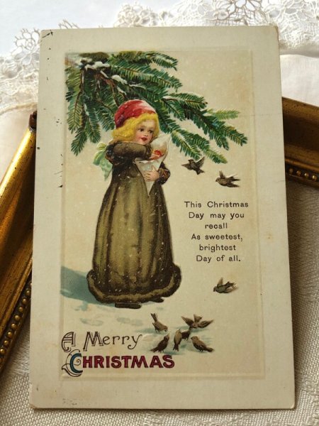 画像2: Postcard  アンティークポストカード　クリスマス　Xmas　女の子と小鳥　E.Clapsaddle  (2)