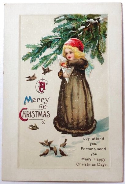 画像1: Postcard  アンティークポストカード　クリスマス　Xmas　小鳥と女の子　E.Clapsaddle  (1)