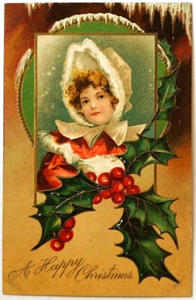 画像1: Postcard  アンティークポストカード　クリスマス　Xmas　女の子　ホーリー　E.Clapsaddle  (1)