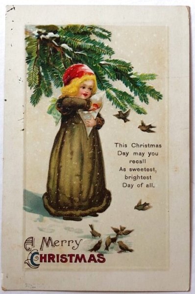 画像1: Postcard  アンティークポストカード　クリスマス　Xmas　女の子と小鳥　E.Clapsaddle  (1)