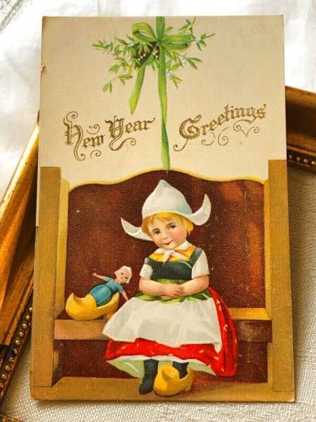画像2: Postcard  アンティークポストカード　クリスマス　Xmas　オランダの女の子　ヤドリギ　E.Clapsaddle  (2)