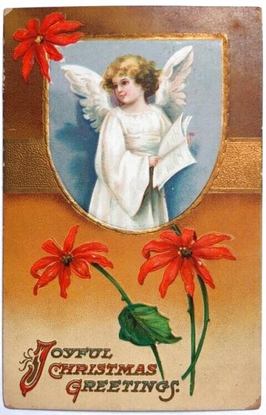 画像1: Postcard　アンティークポストカード　クリスマス　天使とポインセチアのお花　Ellen Clapsaddle　 (1)