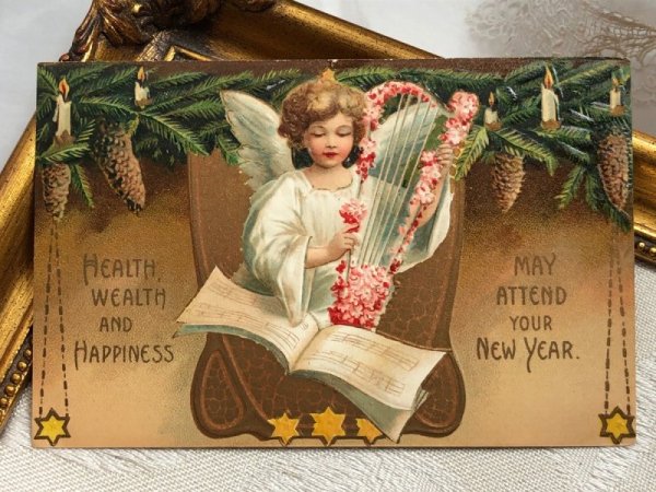 画像2: Postcard　アンティークポストカード　新年祝い　ハープを弾く天使 キャンドル　Ellen Clapsaddle　1908年 (2)