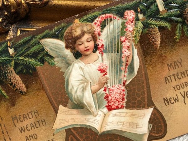 画像3: Postcard　アンティークポストカード　新年祝い　ハープを弾く天使 キャンドル　Ellen Clapsaddle　1908年 (3)