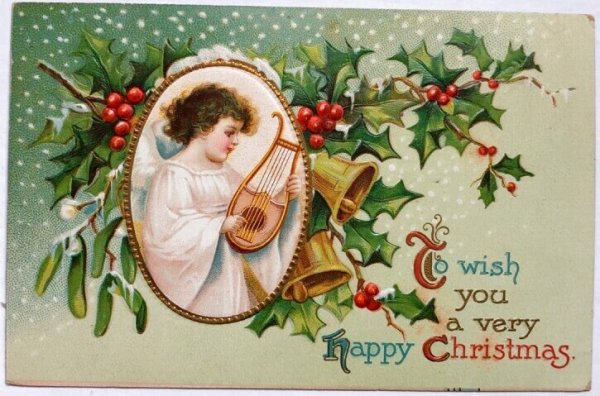 画像1: Postcard　アンティークポストカード　クリスマス　ハープを弾く天使　キタラ　Ellen Clapsaddle　1910年 (1)