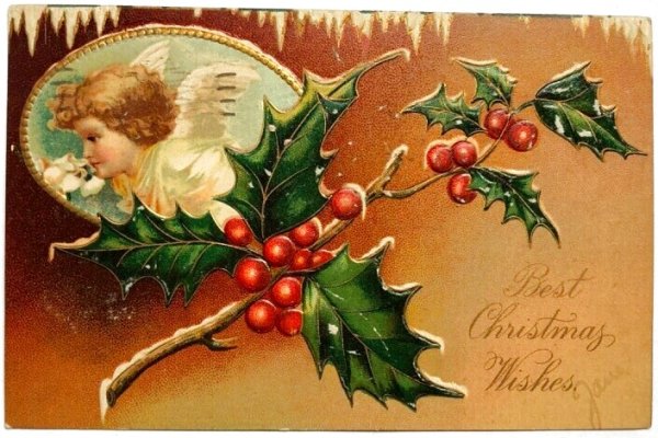 画像1: Postcard　アンティークポストカード　クリスマス　ホーリーと天使　Ellen Clapsaddle　1907年 (1)