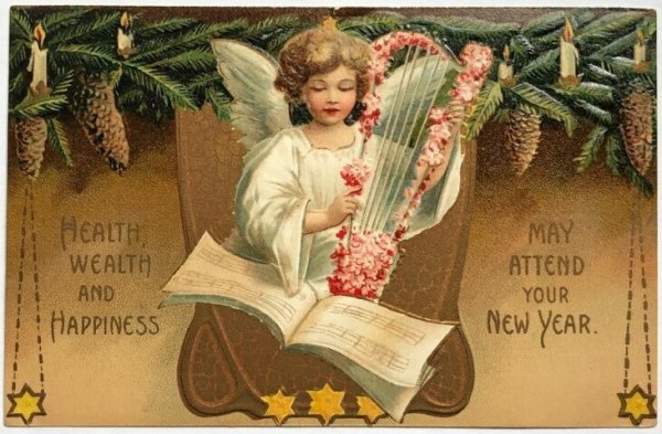 画像1: Postcard　アンティークポストカード　新年祝い　ハープを弾く天使 キャンドル　Ellen Clapsaddle　1908年 (1)