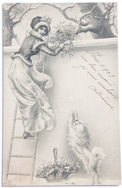 画像1: Postcard　アンティークポストカード　クリスマス　ヤドリギを持つ女性と犬　スピッツ系  R.R.Wichera　M.M.VIENNE  (1)