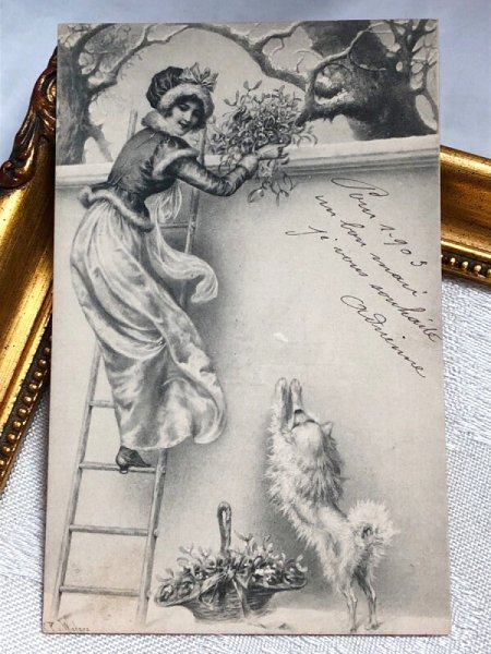 画像2: Postcard アンティークポストカード クリスマス ヤドリギを持つ女性と犬 スピッツ系  R.R.Wichera M.M.VIENNE  (2)