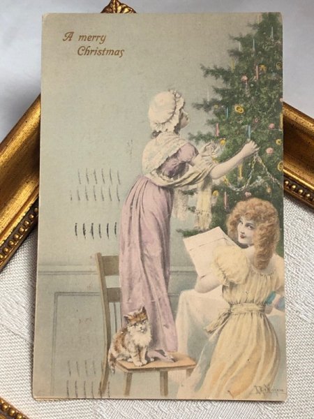 画像2: Postcard アンティークポストカード クリスマス ツリーを飾る女性たち 猫  R.R.Wichera M.M.VIENNE  (2)