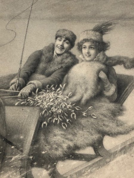 画像3: Postcard アンティークポストカード クリスマス ヤドリギ ソリに乗る2人 M.M.VIENNE ドイツ1913年 (3)