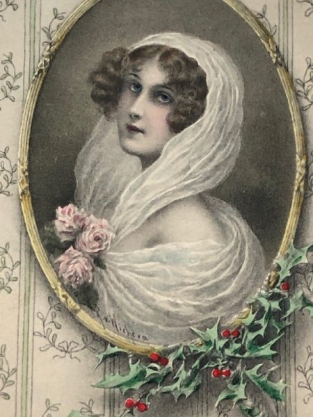 画像3: Postcard アンティークポストカード クリスマス ヴェールの女性 ホーリー 猫  R.R.Wichera M.M.VIENNE  (3)