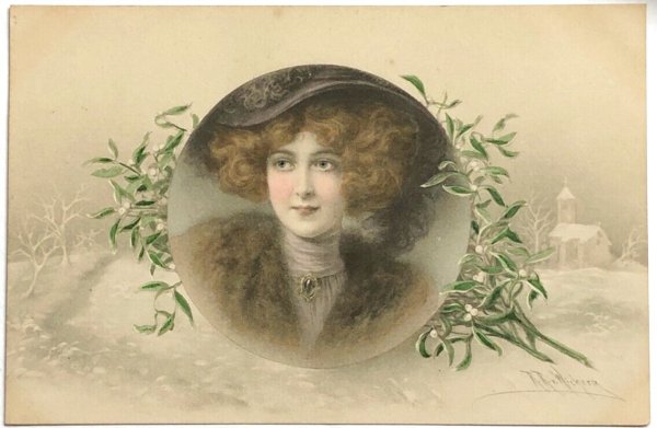 画像1: Postcard　アンティークポストカード　クリスマス　帽子の女性　ヤドリギ　 R.R.Wichera　M.M.VIENNE （未使用） (1)