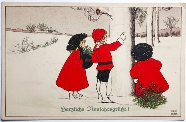 画像1: Postcard　アンティークポストカード　クリスマス　豚の絵を描く子ども達　ホーリー　ヤドリギ　Pauli Ebner　（未使用） (1)