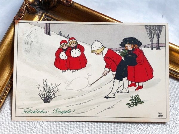 画像2: Postcard アンティークポストカード クリスマス 豚の絵を描く子ども達 ホーリー ヤドリギ Pauli Ebner オーストリア1909年 (2)