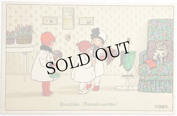 画像1: Postcard　アンティークポストカード　遊びに来たよ♪　子どもたち　猫　Pauli Ebner (1)