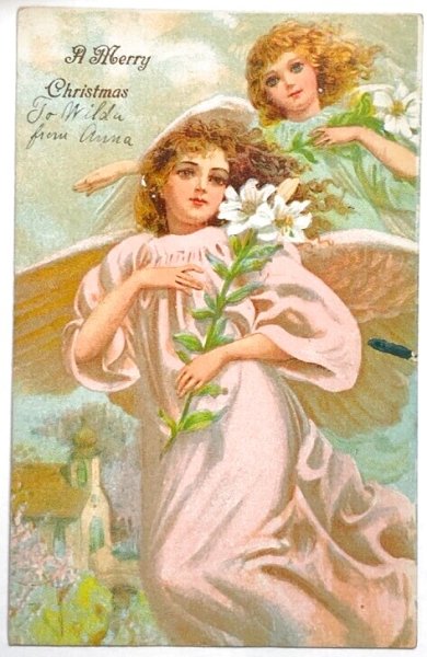 画像1: Postcard 　アンティークポストカード  　クリスマス　白百合のお花と天使　アメリカ1907年 (1)
