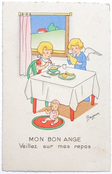 画像1: Postcard  アンティークポストカード　クリスマス　朝食を食べる女の子と天使　お人形　Benjamin  （未使用） (1)