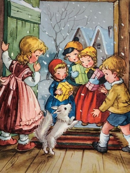 画像3: Postcard  アンティークポストカード クリスマス 新年祝い 子ども達と白い犬 スピッツ (未使用) (3)