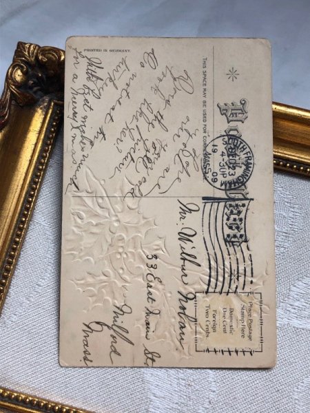 画像4: Postcard  アンティークポストカード クリスマス 羽帽子の女性 ホーリー 1909年 (4)