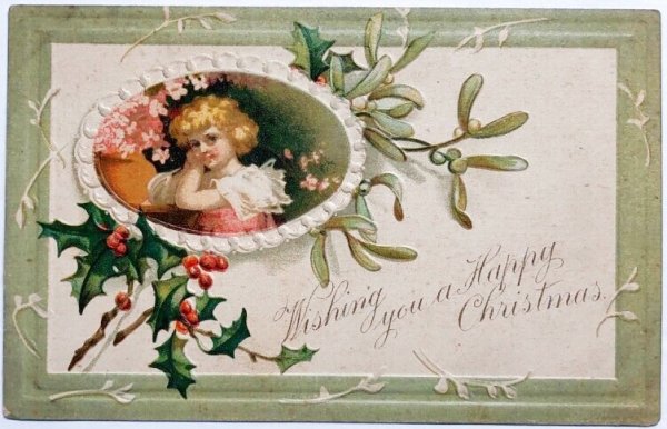 画像1: Postcard  アンティークポストカード　クリスマス　女の子　ヤドリギ　ホーリー　Ellen Clapsaddle　 (1)